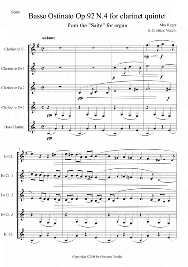Basso Ostinato Op.92 N.4 for clarinet quintet (arr. Cristiano Vecchi)