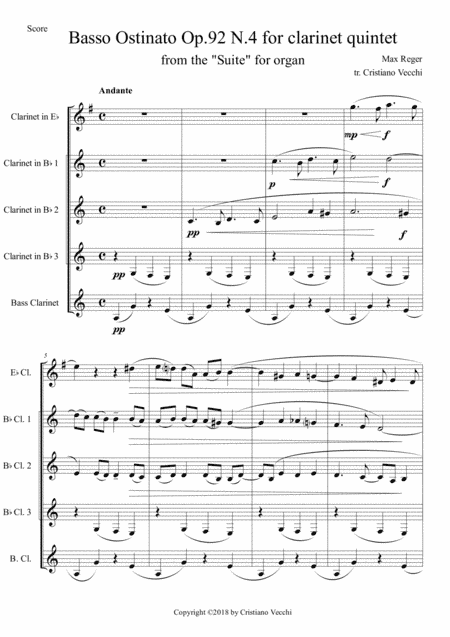Basso Ostinato Op.92 N.4 for clarinet quintet (arr. Cristiano Vecchi)