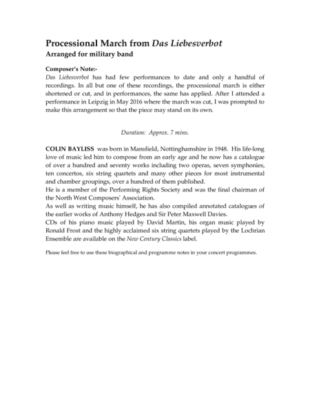 Processional March from Das Liebesverbot (arr. Colin Bayliss)