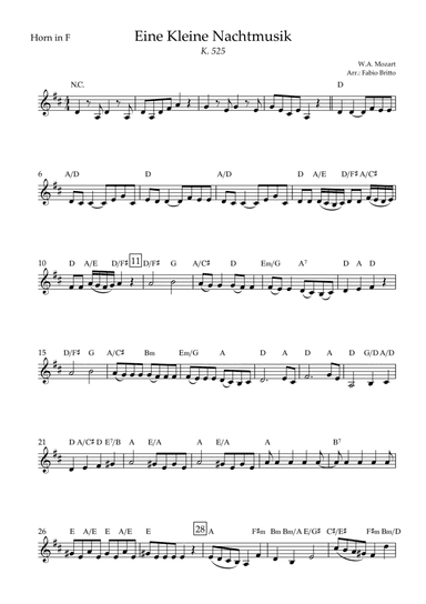 Eine kleine Nachtmusik (W.A. Mozart) for Horn in F Solo with Chords (Simplified) (arr. Fabio Britto)