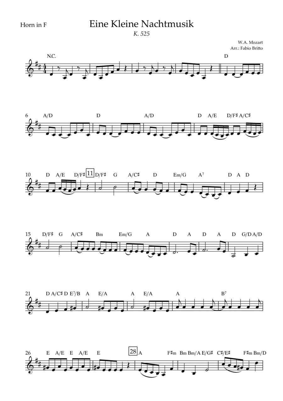 Eine kleine Nachtmusik (W.A. Mozart) for Horn in F Solo with Chords (Simplified) (arr. Fabio Britto)