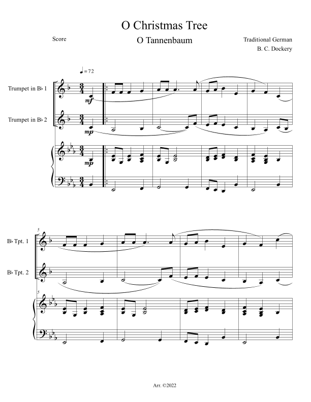 O Christmas Tree (O Tannenbaum) for Trumpet Duet with Piano Accompaniment (arr. B. C. Dockery)