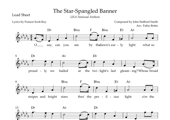 The Star-Spangled Banner (USA National Anthem) Lead Sheet in Db Major (arr. Fabio Britto)