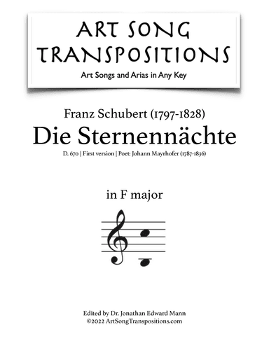 SCHUBERT: Die Sternennächte, D. 670 (first version, transposed to F major) (arr. ArtSongTranspositions.com)