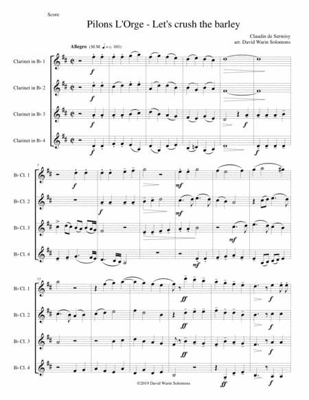 Pilons l'orge (Let's crush the barley) arranged for 4 clarinets (arr. David Warin Solomons)