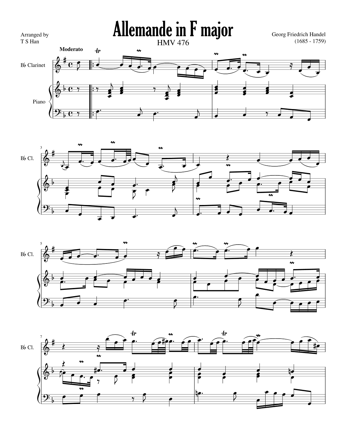 Handel Allemande in F major for Clarinet and Piano, HMV 476 (arr. T S Han)