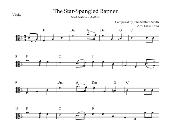 The Star Spangled Banner (USA National Anthem) for Viola Solo with Chords (F Major) (arr. Fabio Britto)