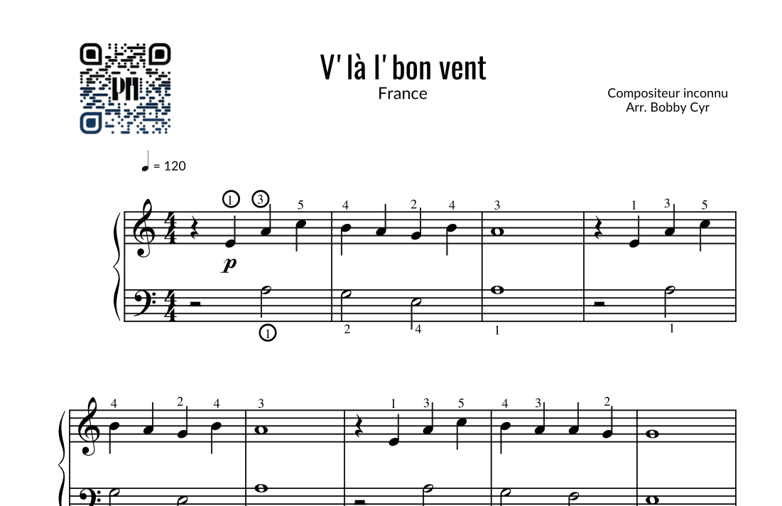 V'là l'bon vent (piano facile) (arr. Bobby Cyr - Piano Notion)