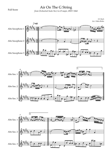 Air On The G String (J.S. Bach) for Alto Saxophone Trio (arr. Fabio Britto)