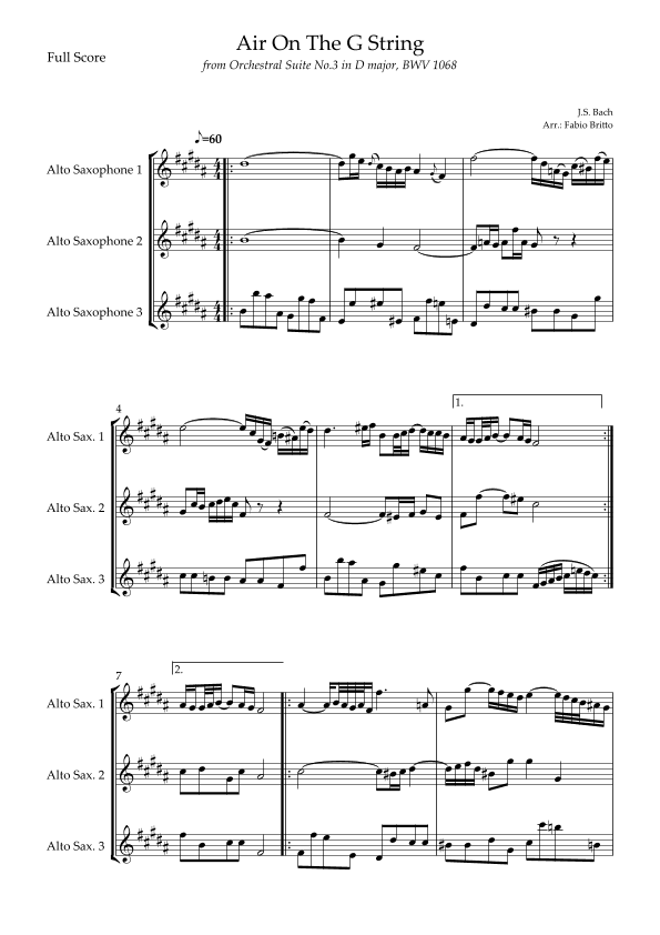 Air On The G String (J.S. Bach) for Alto Saxophone Trio (arr. Fabio Britto)