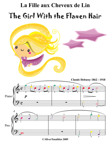 The Girl With the Flaxen Hair La fille aux cheveux de lin Easiest Piano Sheet Music with Colored Not (arr. SilverTonalities)