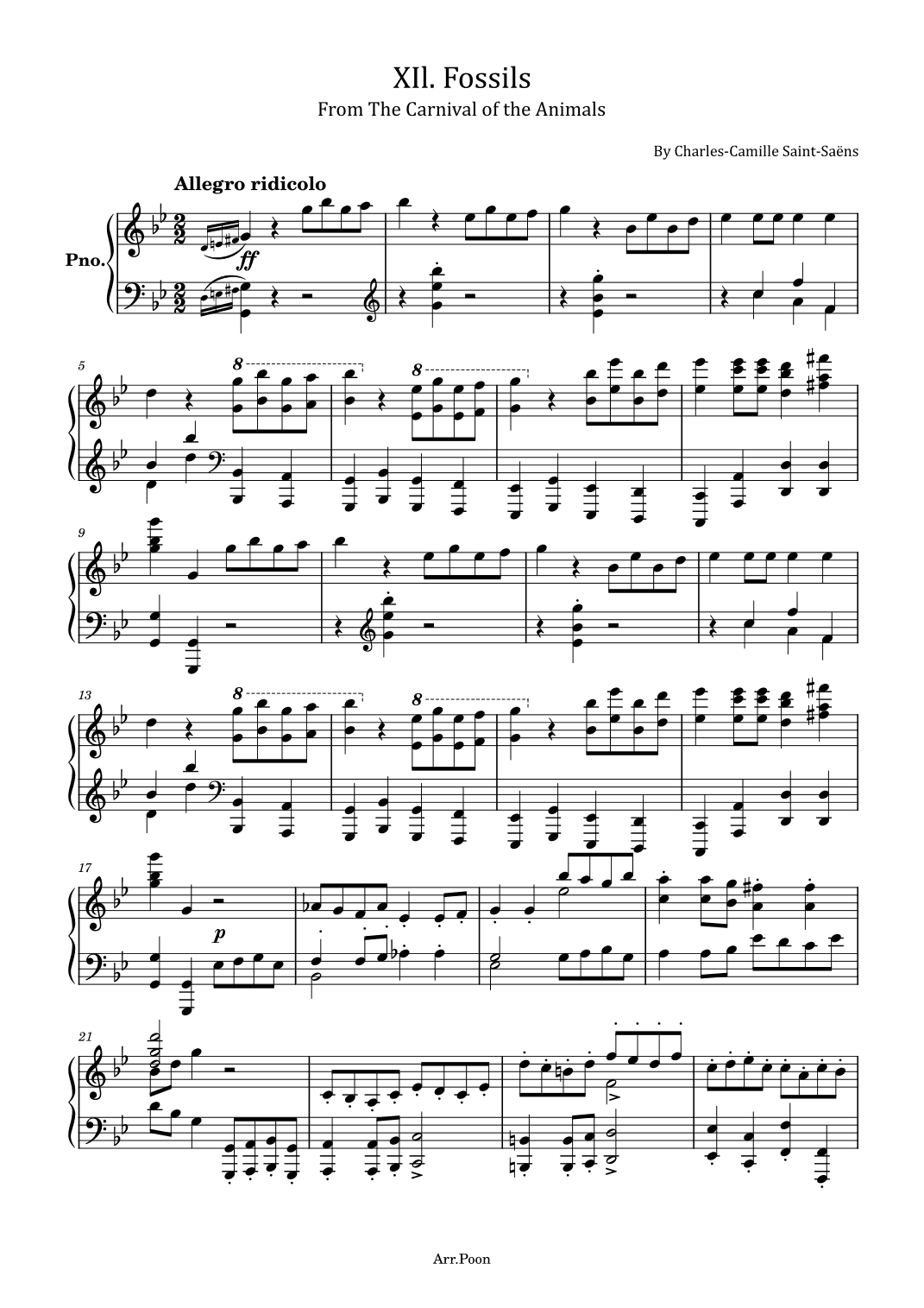 Saint-Saëns - XIl. Fossils - From The Carnival of the Animals - For Piano Solo (arr. poon)