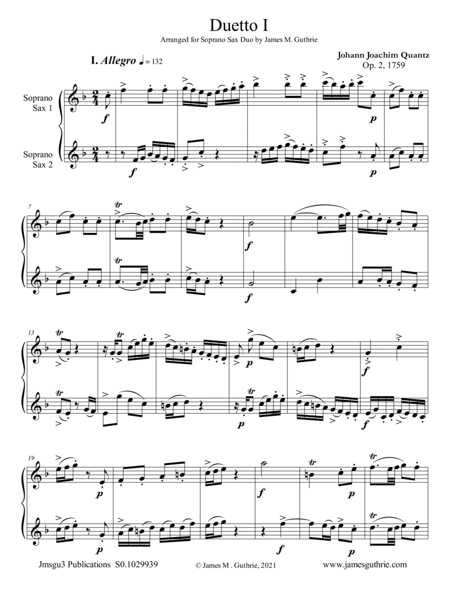 Quantz: Duetto Op. 2 No. 1 for Soprano Sax Duo (arr. James M. Guthrie)
