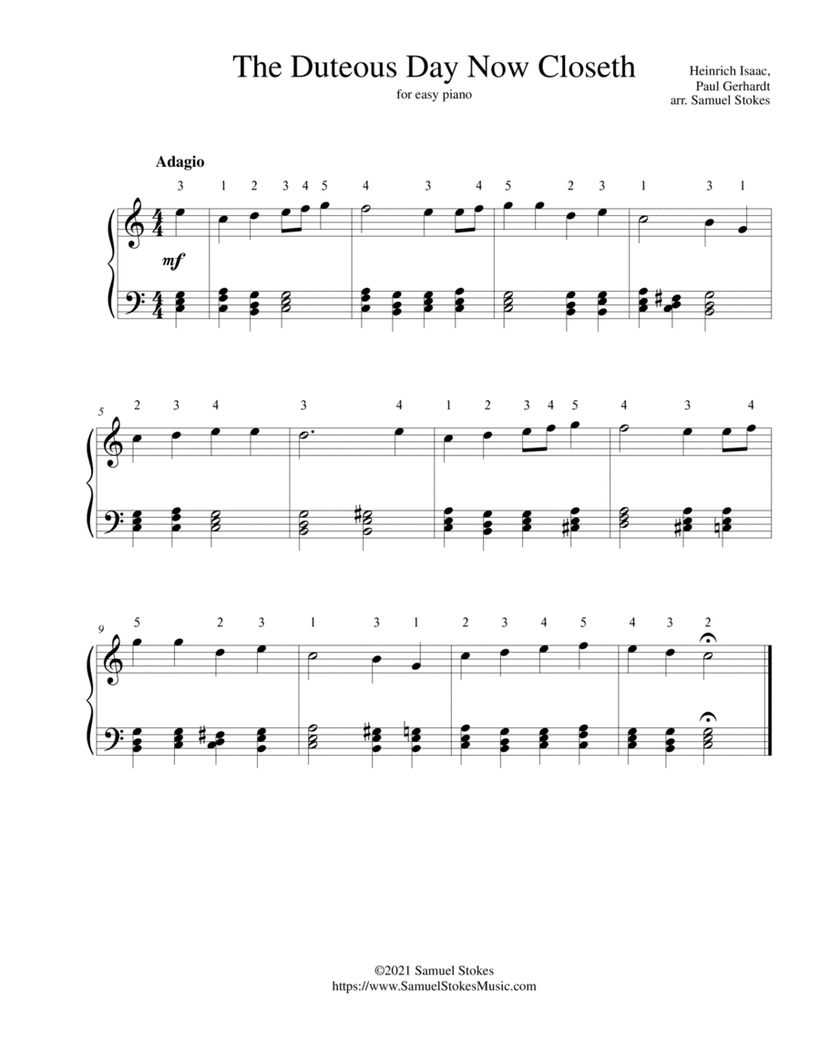 The Duteous Day Now Closeth - for easy piano (arr. Samuel Stokes)