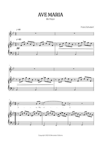 Schubert Ave Maria in B flat Major [Bb] • tenor sheet music with easy piano accompaniment (arr. Benzaiten Editions)