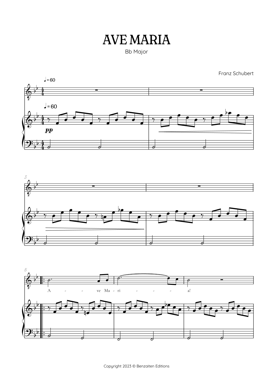 Schubert Ave Maria in B flat Major [Bb] • tenor sheet music with easy piano accompaniment (arr. Benzaiten Editions)