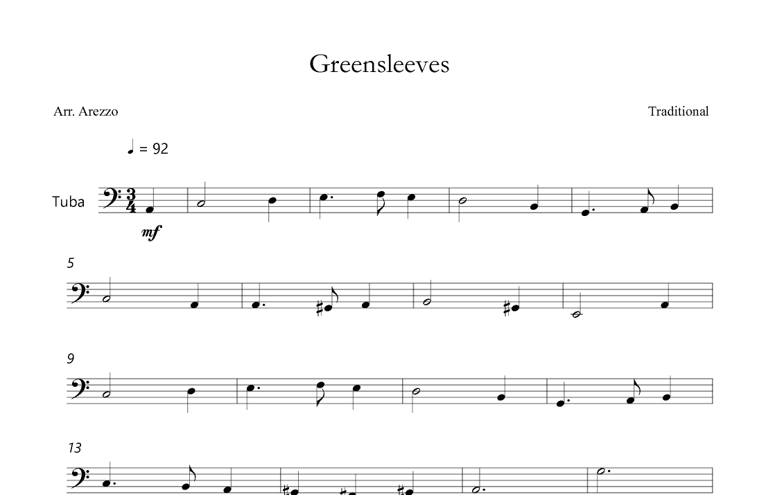 Greensleeves - Lead Sheet for Tuba (arr. Arezzo Music)