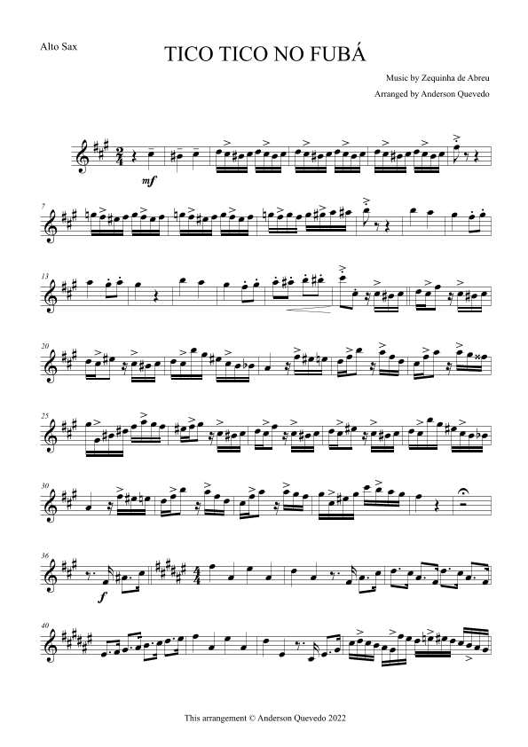 Tico Tico no Fubá by Zequinha de Abreu for Alto Sax Solo (arr. Anderson Quevedo)