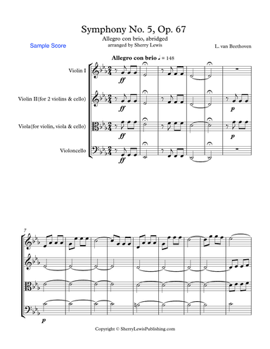 SYMPHONY NO. 5 OP. 67, BEETHOVEN - ALLEGRO CON BRIO, String Trio, Abridged, Intermediate Level for 2 (arr. Sherry Lewis Publishing)