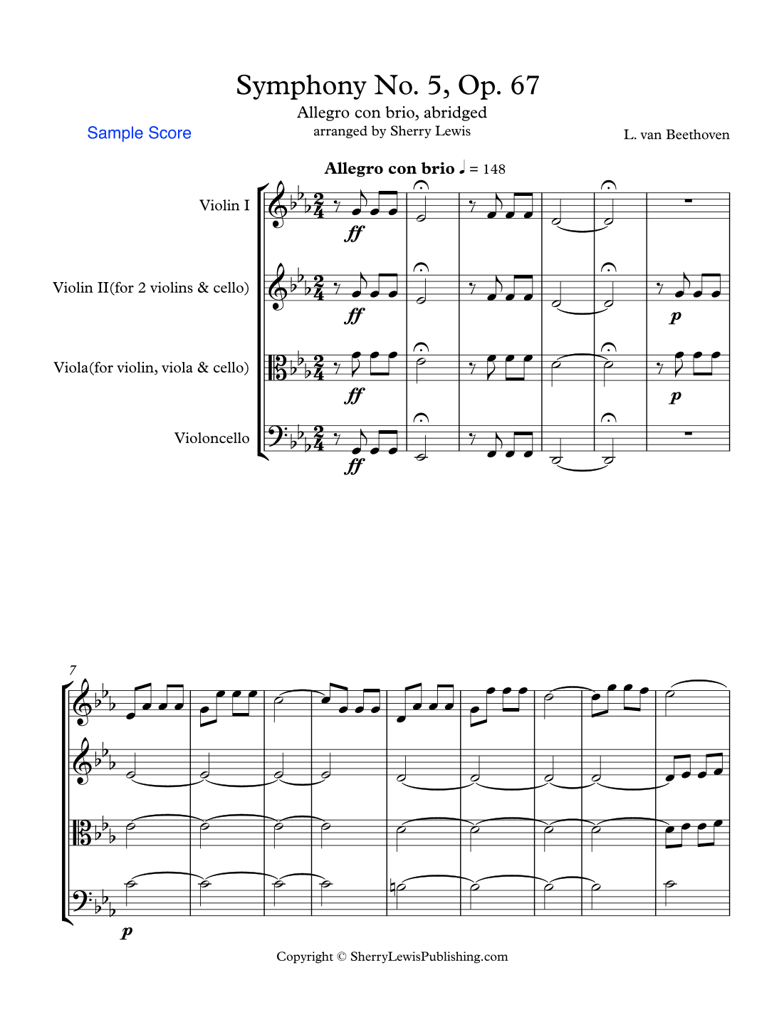 SYMPHONY NO. 5 OP. 67, BEETHOVEN - ALLEGRO CON BRIO, String Trio, Abridged, Intermediate Level for 2 (arr. Sherry Lewis Publishing)