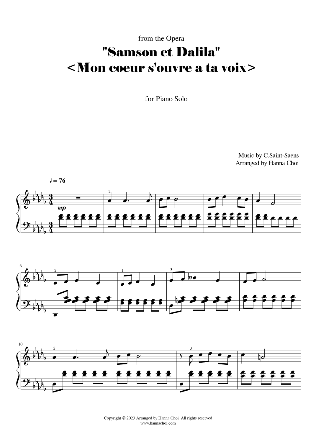from the Opera Samson et Dalila by C.Saint Saens - Mon coeur s'ouvre a ta voix [Piano Solo] (arr. Hanna Choi)