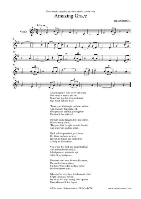 Amazing Grace - Solo Violin, optional words. (arr. Anne L Christopherson GRSM ARCM)