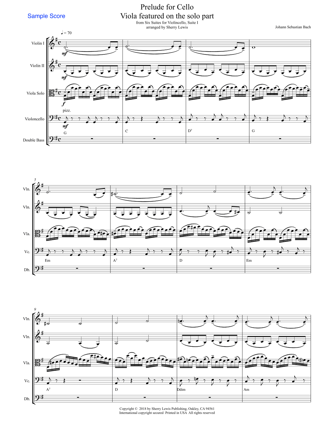 PRELUDE FROM CELLO SUITE NO. 1 by Bach String Quartet with Viola melody Intermediate Level (arr. Sherry Lewis Publishing)