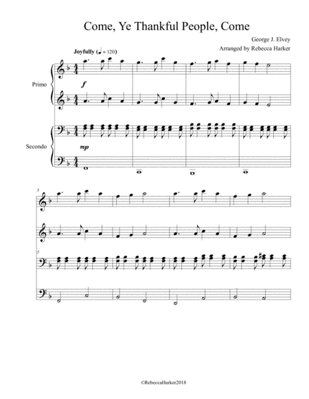Come, Ye Thankful People, Come (Intermediate Teacher/Student Piano Duet) (arr. Rebecca Harker)
