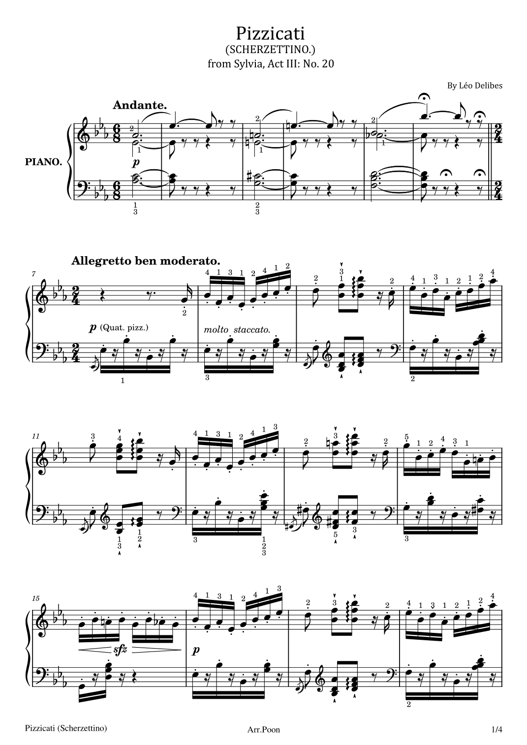 Léo Delibes - Pizzicati from Sylvia, Act III: No. 20 - Original For Piano Solo With Fingered (arr. poon)