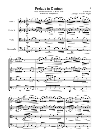 Prelude in D minor (from Suite No 2 for Solo Cello) (BWV 1008) - arranged for String Quartet (arr. Pietro Prugna)