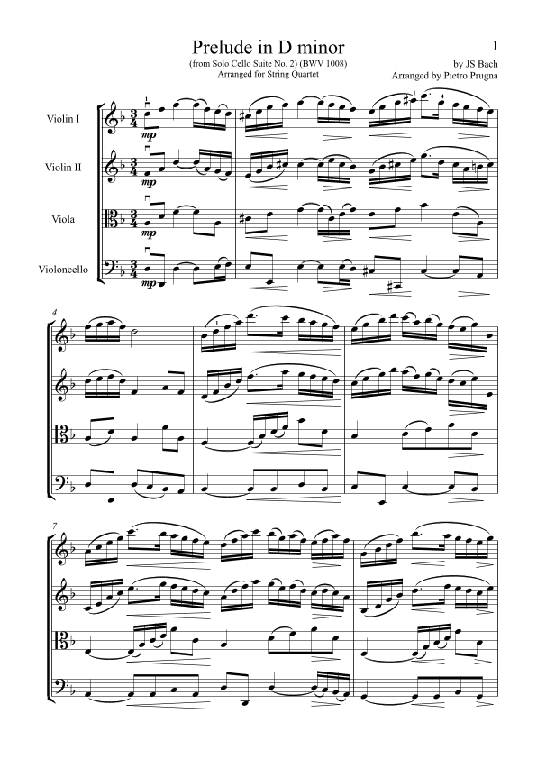 Prelude in D minor (from Suite No 2 for Solo Cello) (BWV 1008) - arranged for String Quartet (arr. Pietro Prugna)