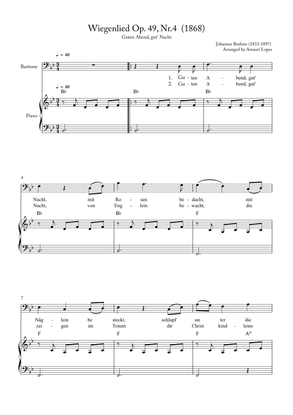 Wiegenlied Op. 49, Nr.4  (1868) - Lullaby - Key Bb (arr. Amauri Lopes)