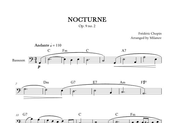 Chopin Nocturne op. 9 no. 2 | Bassoon | C Major | Chords | Easy beginner (arr. Milanov)