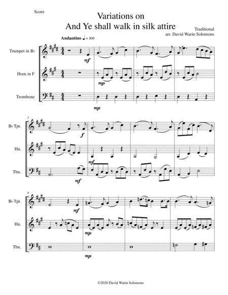 Variations on And ye shall walk in silk attire for brass trio (trumpet, horn, trombone) (arr. David Warin Solomons)