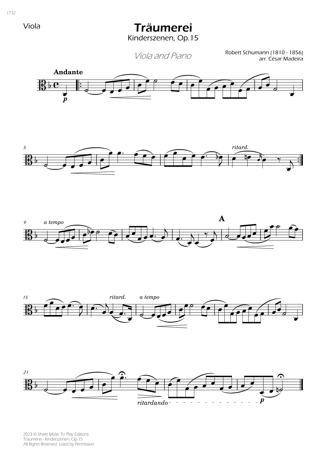 Traumerei by Schumann - Viola and Piano (Individual Parts) (arr. César Madeira)