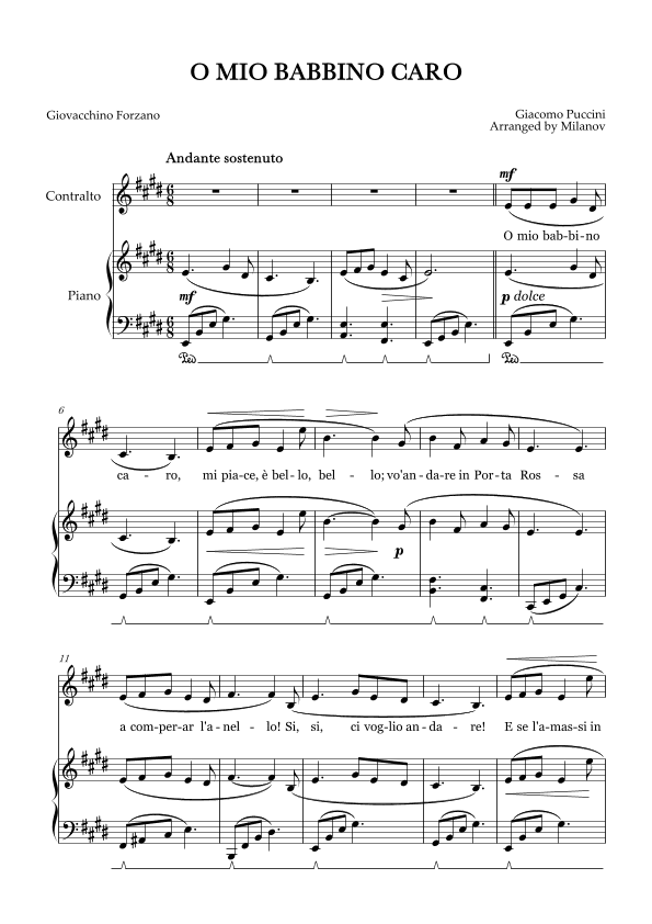 O Mio Babbino Caro | Female Voice Contralto | E Major | Piano accompaniment | Pedal (arr. Milanov)