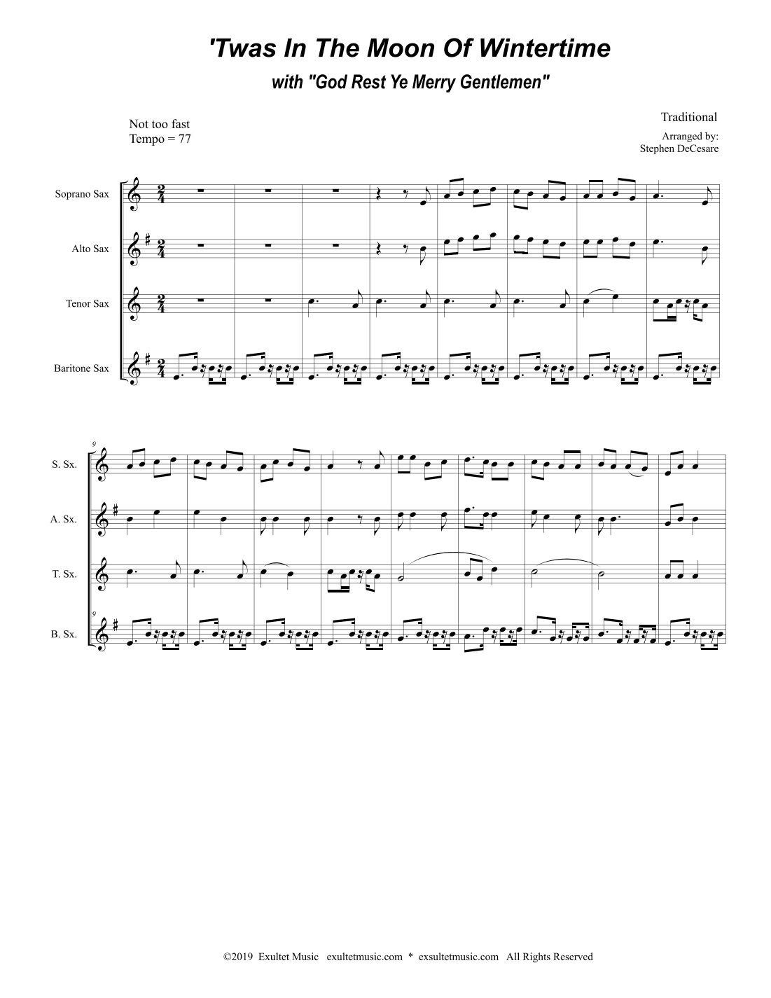 'Twas In The Moon Of Wintertime (with "God Rest Ye Merry Gentlemen") (Saxophone Quartet and Piano) (arr. Stephen DeCesare)