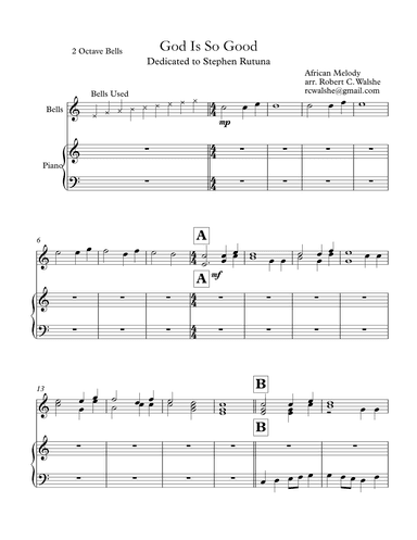 God is So Good: 5 Ringers and Piano (tableless arrangement option) 2 Octave Bells (TL) (arr. Robert C. Walshe (rcwalshe@gmail.com))