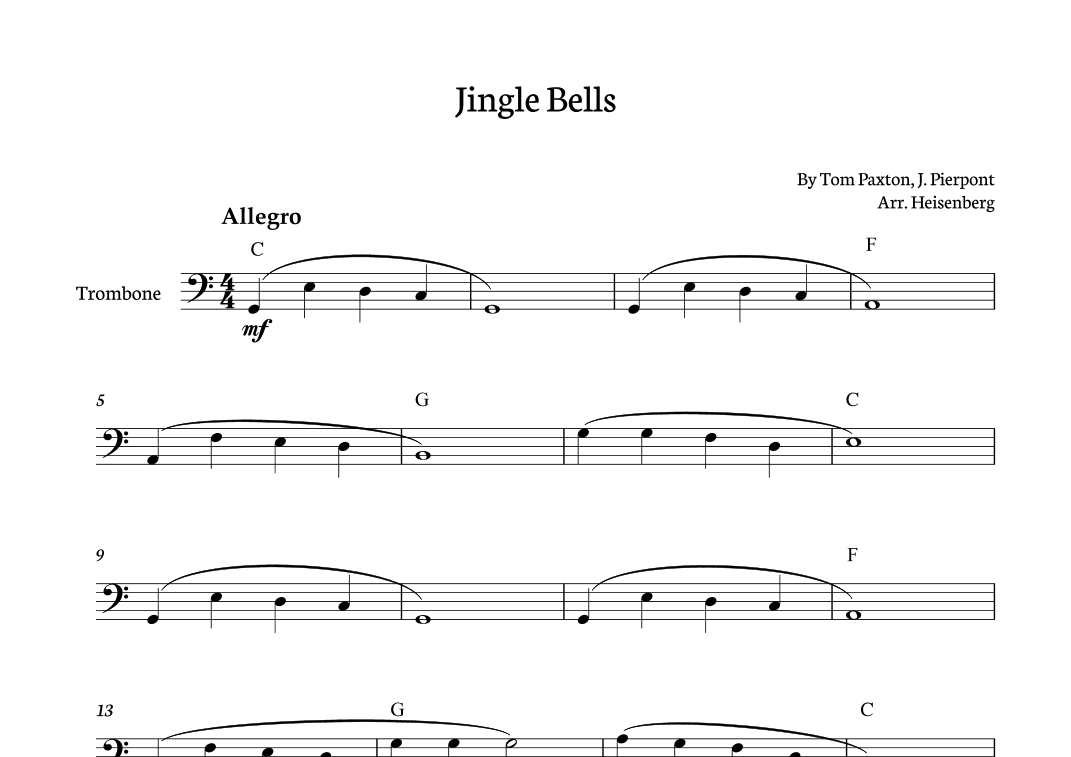 Jingle Bells for Trombone with chords (arr. Heisenberg)