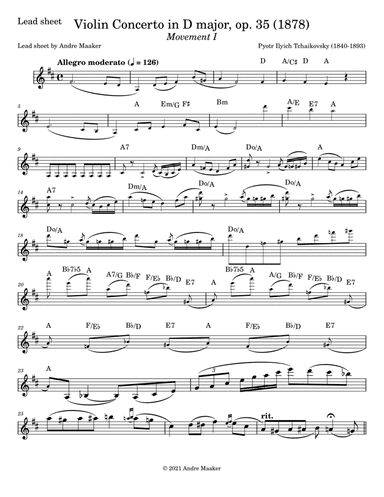 P.I.Tchaikovsky - Violin Concerto in D, op. 35 (I - allegro moderato) - lead sheet (arr. Andre Maaker)