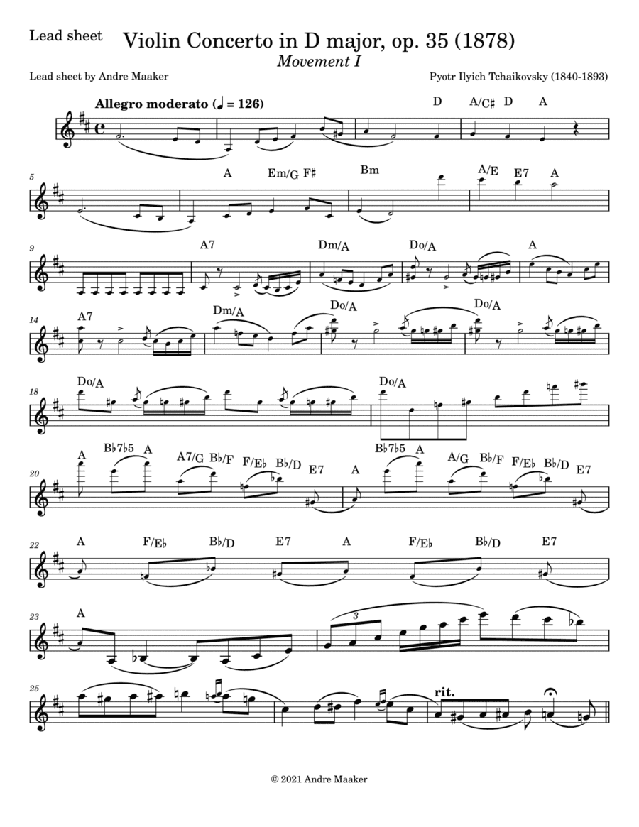 P.I.Tchaikovsky - Violin Concerto in D, op. 35 (I - allegro moderato) - lead sheet (arr. Andre Maaker)