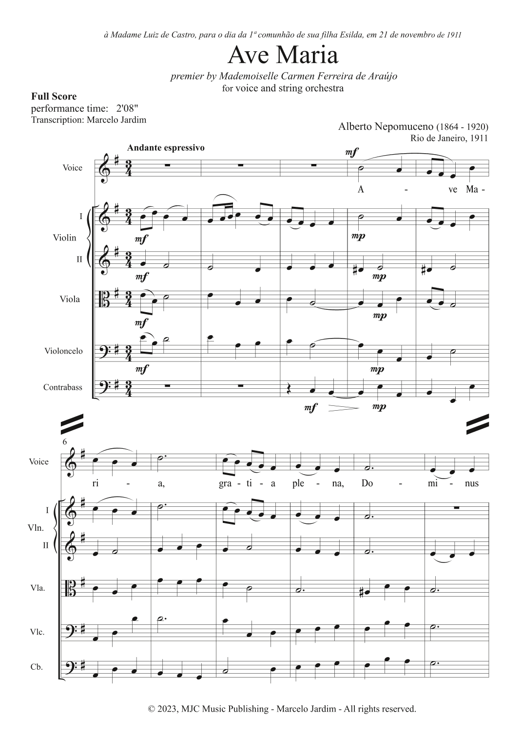 Ave Maria, in E minor, for voice and string orchestra - Score only (arr. Marcelo Jardim)
