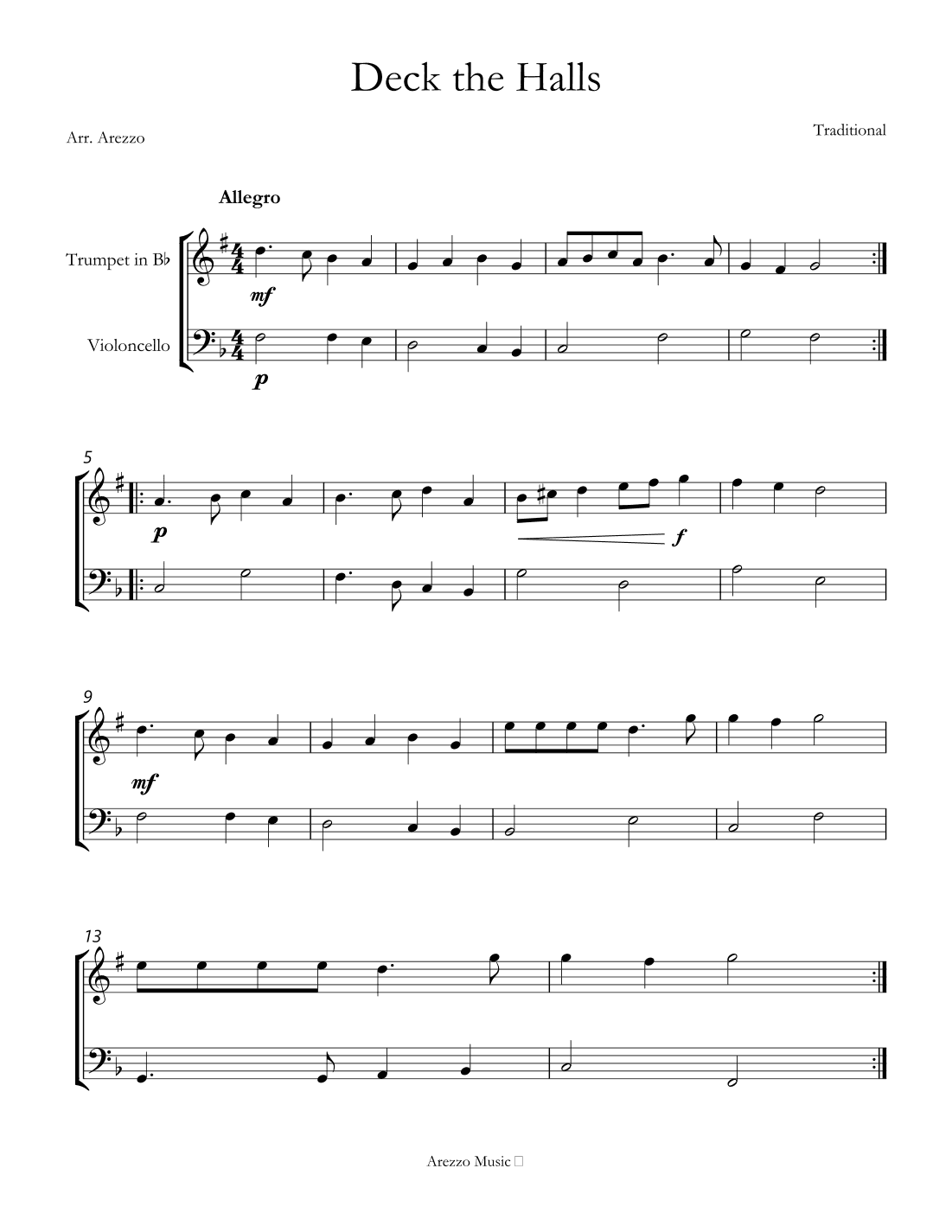 deck the halls sheet music arrangement for trumpet and cello (arr. Arezzo Music)