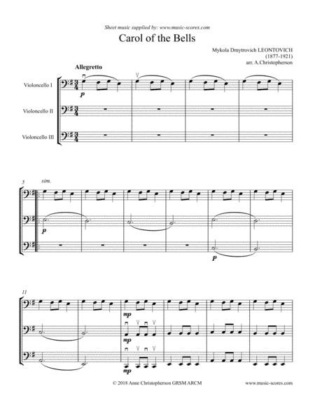 Carol of the Bells - 3 Cellos, Easier Version (arr. Anne L Christopherson GRSM ARCM)