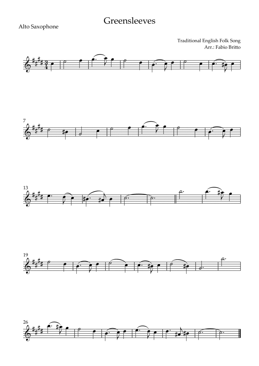 Greensleeves for Alto Saxophone Solo (E Minor) (arr. Fabio Britto)