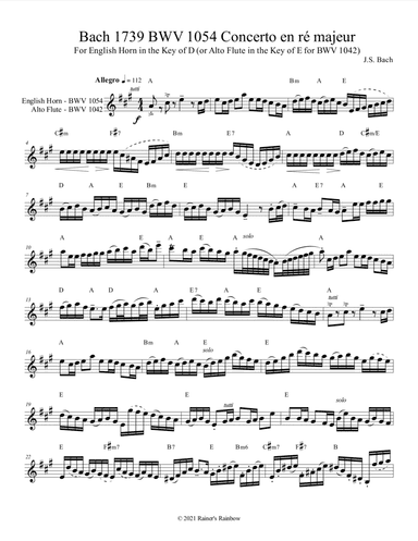 Bach 1739 BWV 1054 Concerto en ré majeur For Solo Unaccompanied English Horn in the Key of D (arr. Rainer Grant Roth)