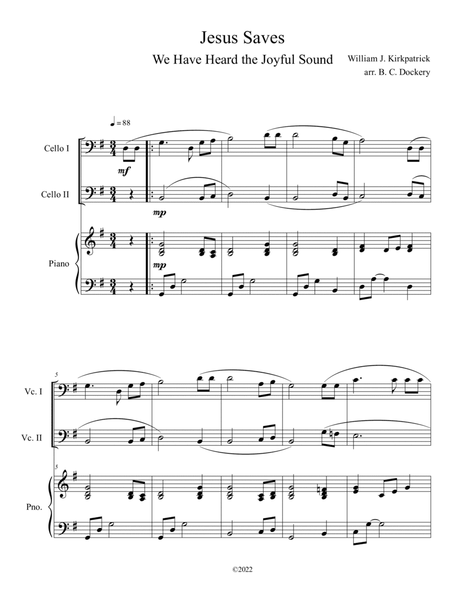 Jesus Saves (We Have Heard the Joyful Sound) Cello Duet with Piano (arr. B. C. Dockery)