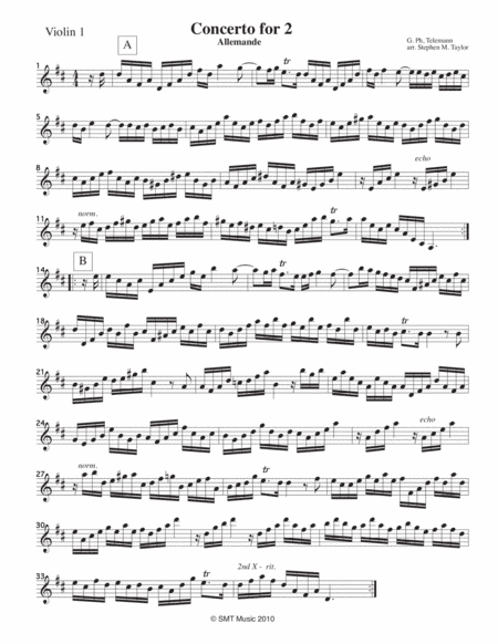Concerto for 2 violins by Telemann (music for 3) (arr. Stephen M. Taylor)