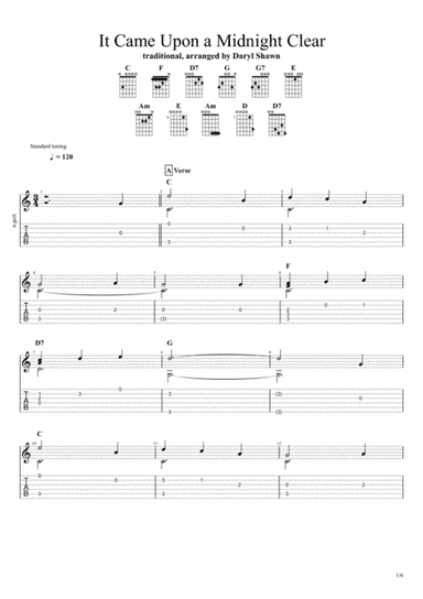 It Came Upon a Midnight Clear, for solo fingerstyle guitar (arr. Daryl Shawn)