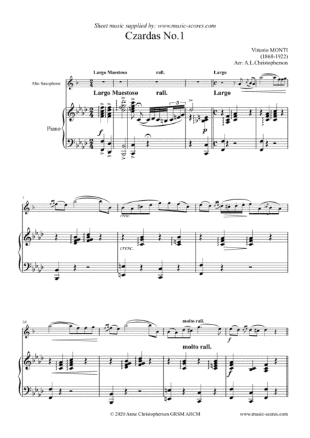 Czardas No. 1 - Monti - Alto Sax and Piano. (arr. Anne L Christopherson GRSM ARCM)